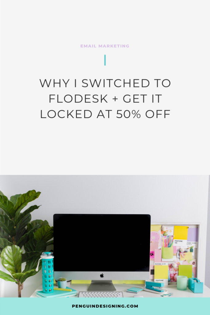 iMac computer sitting on a desk with colorful photos in a collage behind it and a graphic that reads why I switch to flodesk and get 50% off