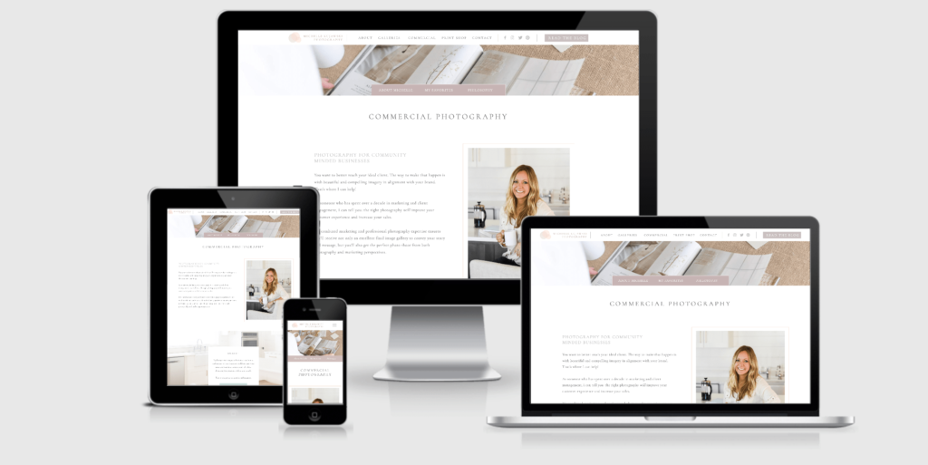 Responsive desktop, tablet, and mobile view of light and airy editorial Showit website design