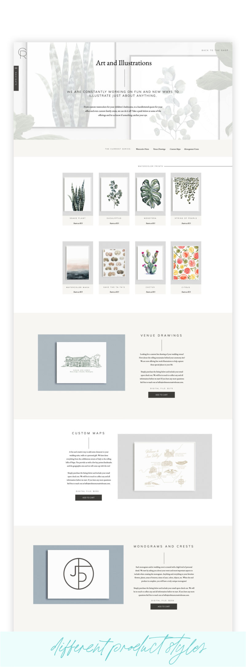 Arts and illustrations shop design in the Showit platform with multiple product styles.