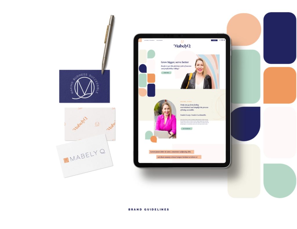 example of branding created by Penguin Designing for Mabely Q showing an ipad with a branded website and branded business cards next to it.