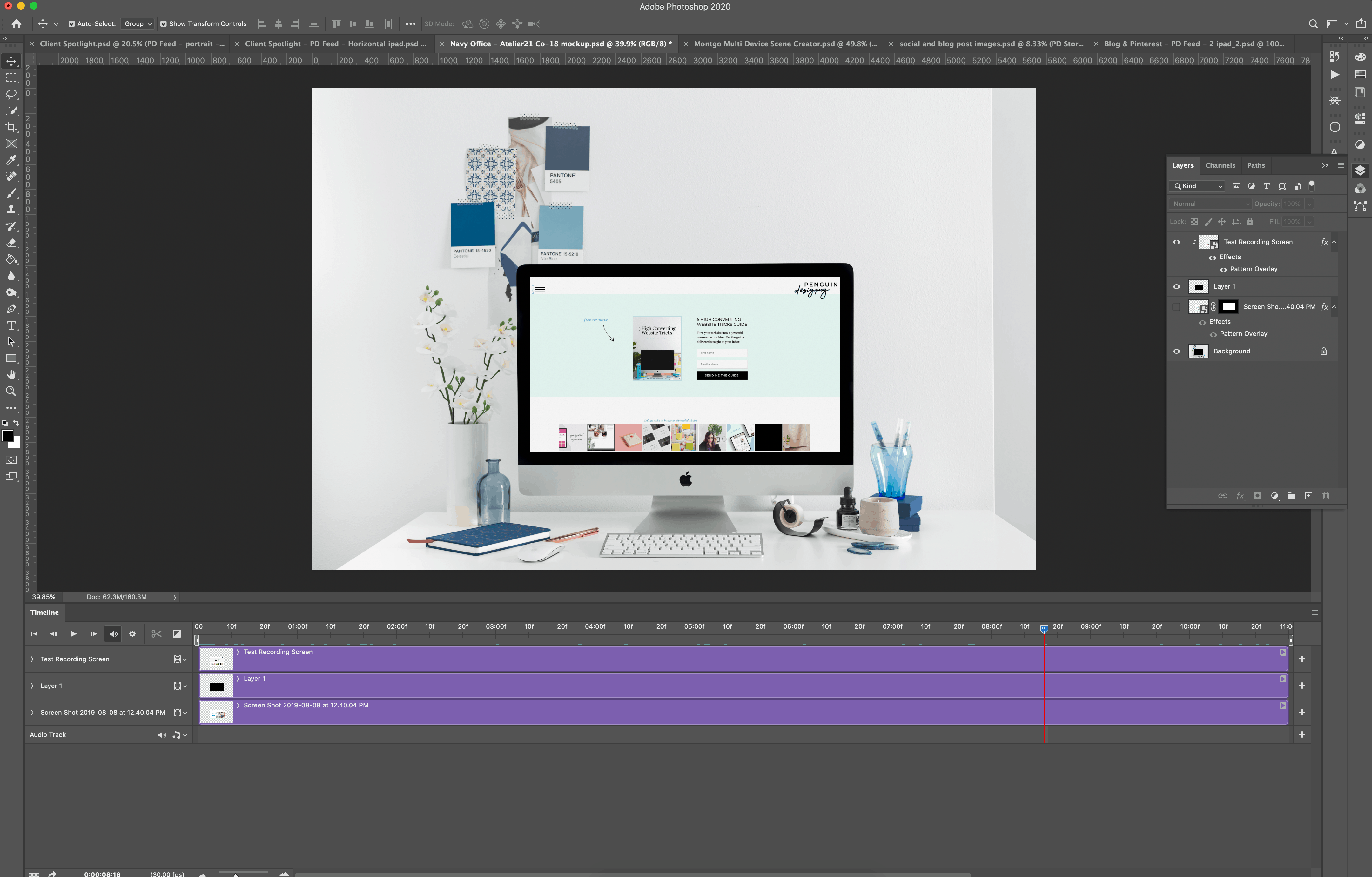 Photoshop screenshot showing the mockup with the timeline feature