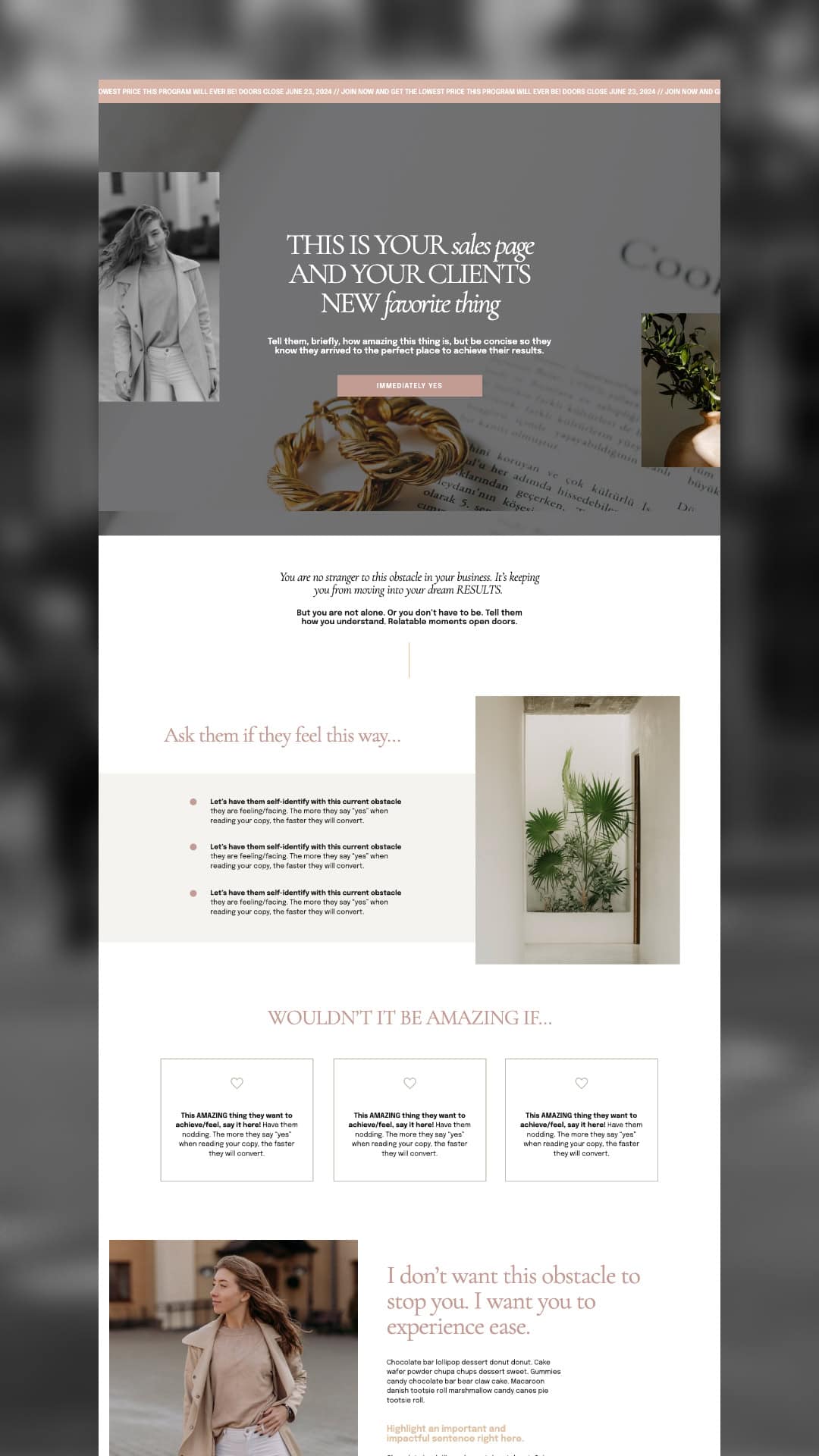 The Tisane Showit Sales Page features neutral colors, product photos, offer details, client pain points, testimonials, and images of women and jewelry—all in a clean, modern layout inspired by Tisane.