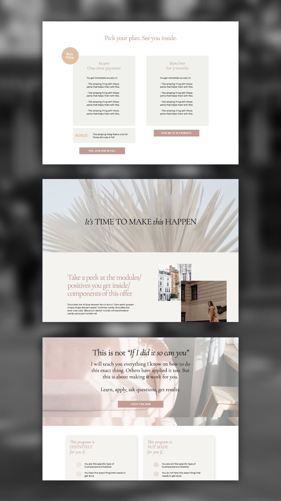 The Tisane Showit Sales Page features three sections: a pricing plan comparison, motivational text with decorative leaves inspired by Tisane, and an informational area with photos of urban buildings and soft furnishings.