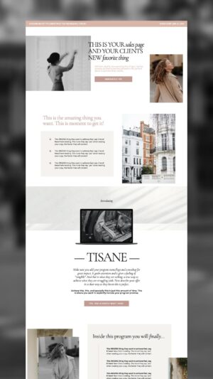 The Tisane Showit Sales Page is a modern design with monochrome and color photos of people and buildings, plus text sections to promote the Tisane program.