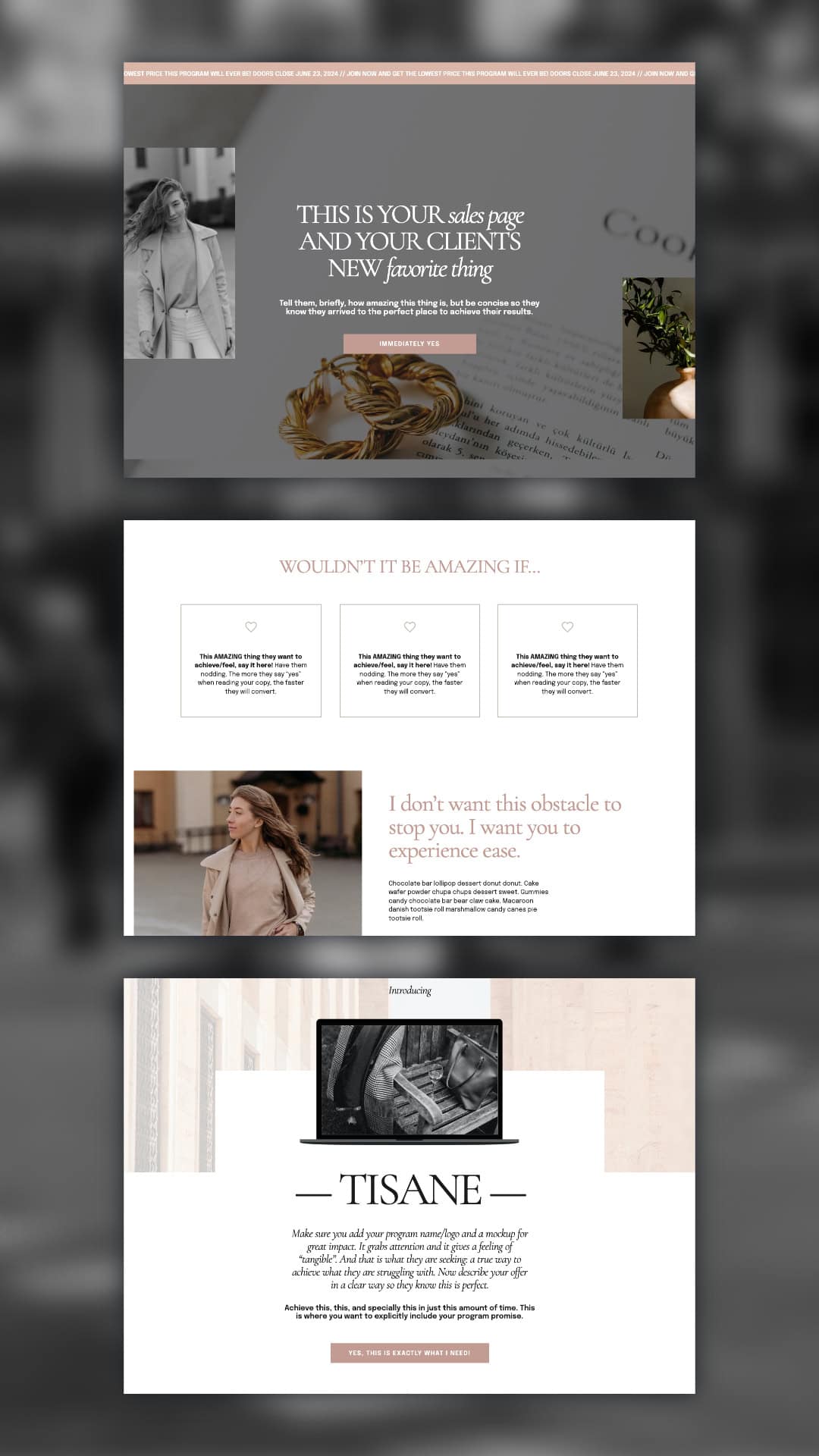 Preview the Tisane Showit Sales Page: a website layout with text overlays, images of a woman, jewelry, a book, and headings about Sales Pages, Showit Sales Page designs, and delicious teas like Tisane.