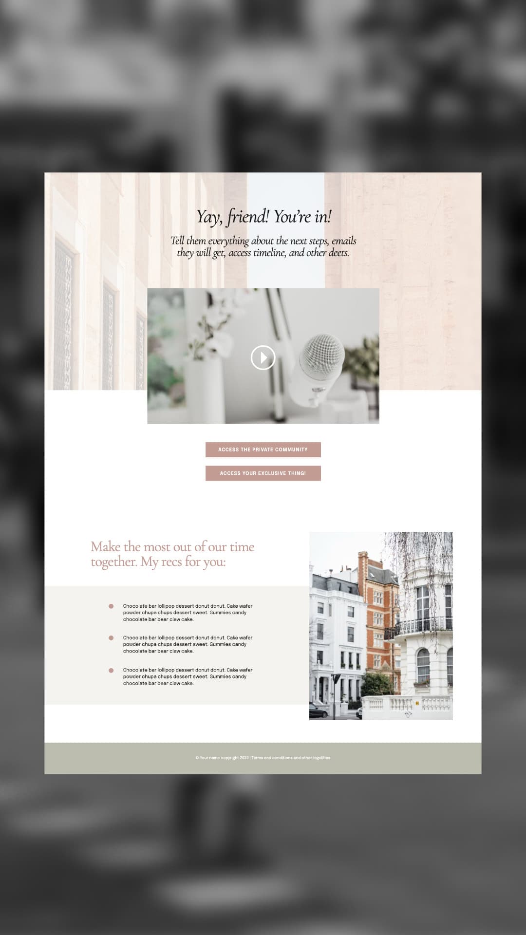 A welcome email confirmation with a video thumbnail, two call-to-action buttons, recommendations, and a preview of our Tisane Showit Sales Page next to a photo of buildings on a city street.