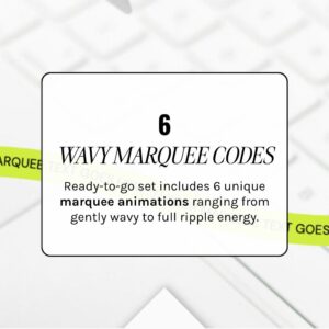Text reads: "Wavy Marquee Code Pack for Showit. This pack features 6 unique marquee animations, from subtle waves to bold ripples—ready to use in Showit." Background shows a yellow marquee text strip on a keyboard.