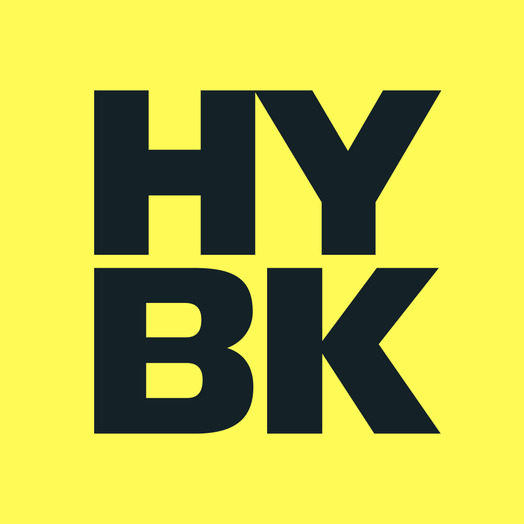 Large black letters "HYBK" are stacked in two rows on a bright yellow background, symbolizing a bold and strategic setup for client projects.