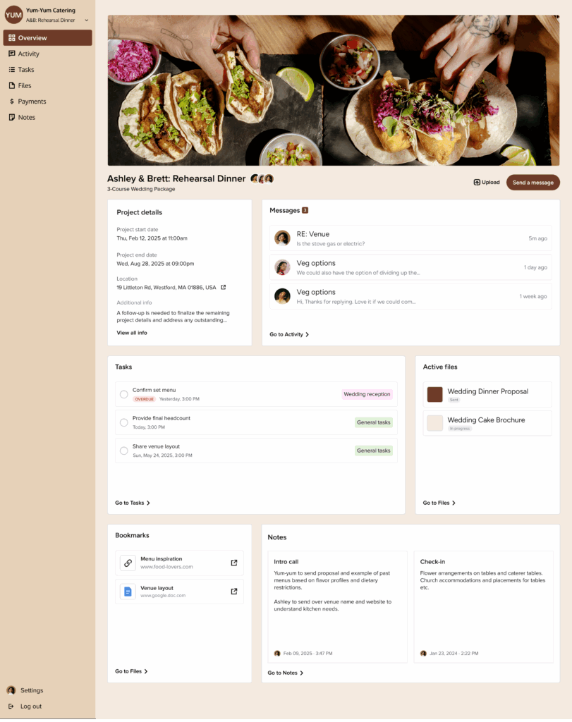 A digital event planning client portal displays details for Ashley & Brett's rehearsal dinner, including event info, tasks, files, messages, bookmarks, and catering options for streamlined client projects.