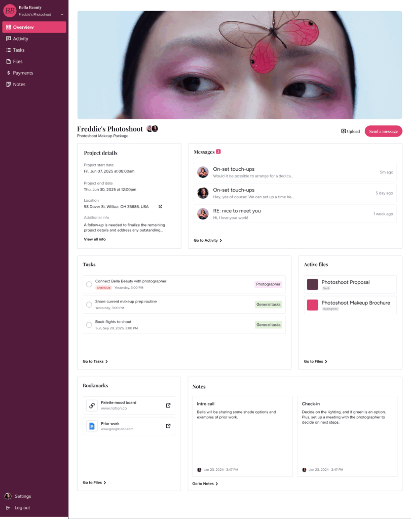 A project management dashboard for client projects in photoshoots, showing project details, messages, tasks, active files, and a large image of a person with a pink butterfly on their face.