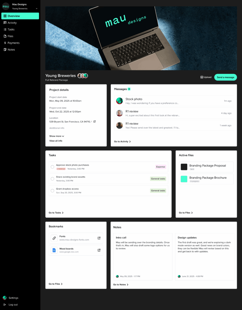 Dashboard interface showing project details, messages, tasks, files, bookmarks, and notes for the "Young Breweries" branding client project by Mau Designs—your streamlined client portal for strategic setup and collaboration.