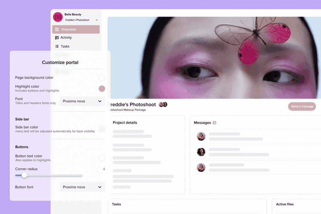 A digital interface displays a customizable client portal on the left, with settings for colors, fonts, and buttons, alongside a profile page featuring a close-up photo of a face with a pink butterfly.