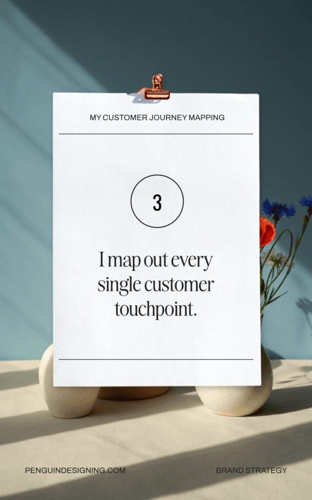 A paper clipped to a clipboard reads "I map out every single customer touchpoint," illustrating the customer journey mapping process, with flowers and vases in the background.