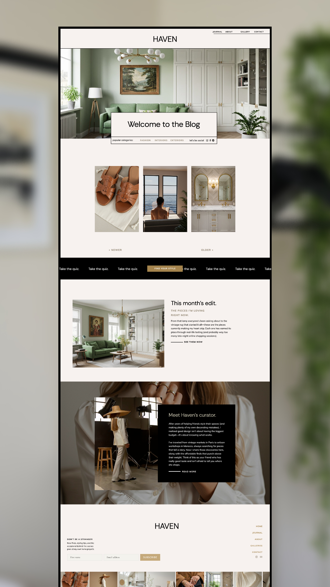 Screenshot of a lifestyle blog homepage, designed with the Haven - Showit Website Template for Interior Designers & Stylists, featuring a minimalist and neutral-toned layout with sections for welcome, recent posts, editorial, and curator intro.
