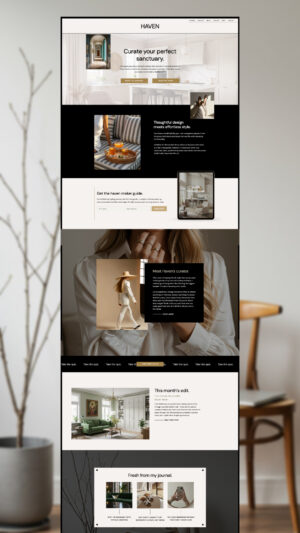 Screenshot of the Haven Showit Website Template for Interior Designers & Stylists, featuring home decor tips, curated product picks, editorial content, and a minimal dining setup—ideal for design professionals.