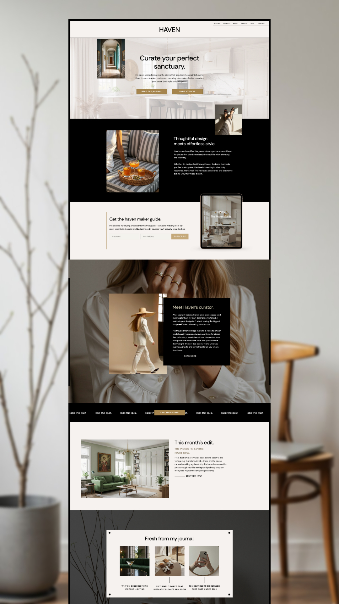 Screenshot of the Haven Showit Website Template for Interior Designers & Stylists, featuring home decor tips, curated product picks, editorial content, and a minimal dining setup—ideal for design professionals.