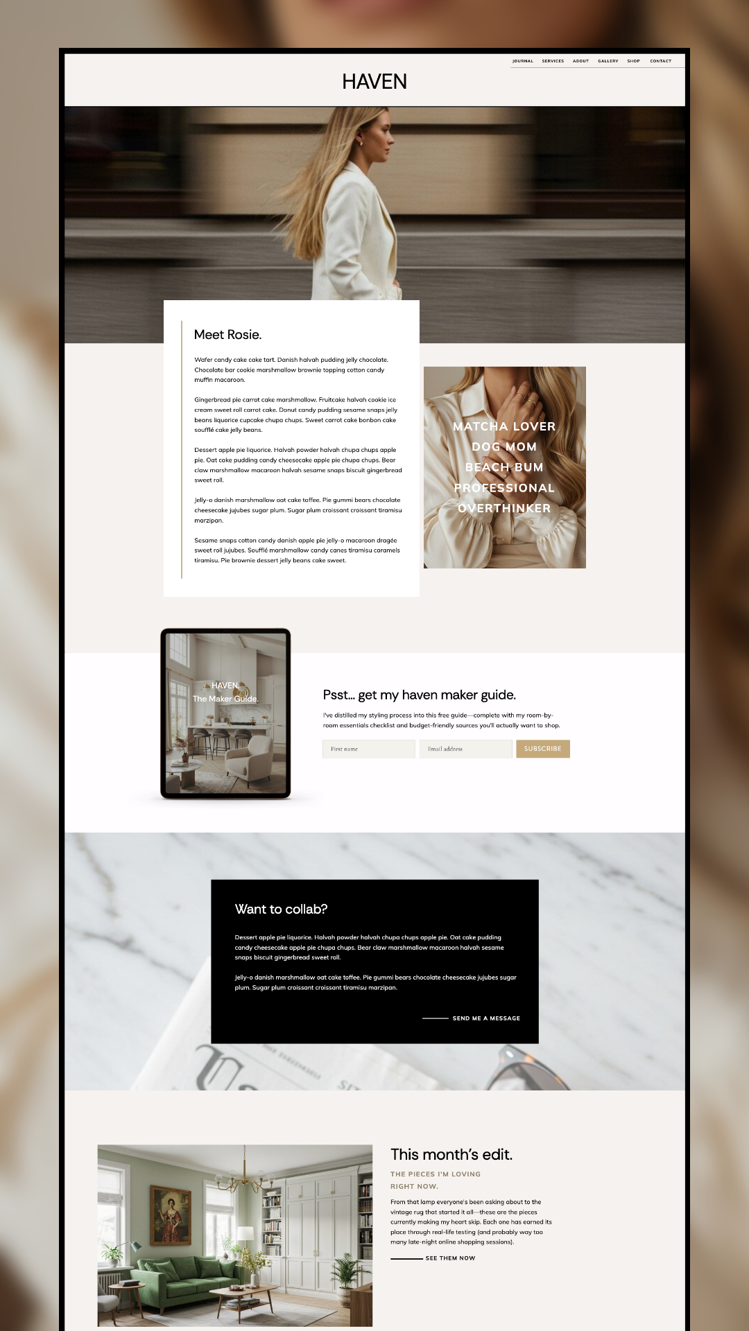 Haven is a Showit website template for interior designers and stylists, featuring sections on Rosie, her guide, collaboration invites, monthly picks, plus images of interiors and a woman in a light-colored suit.
