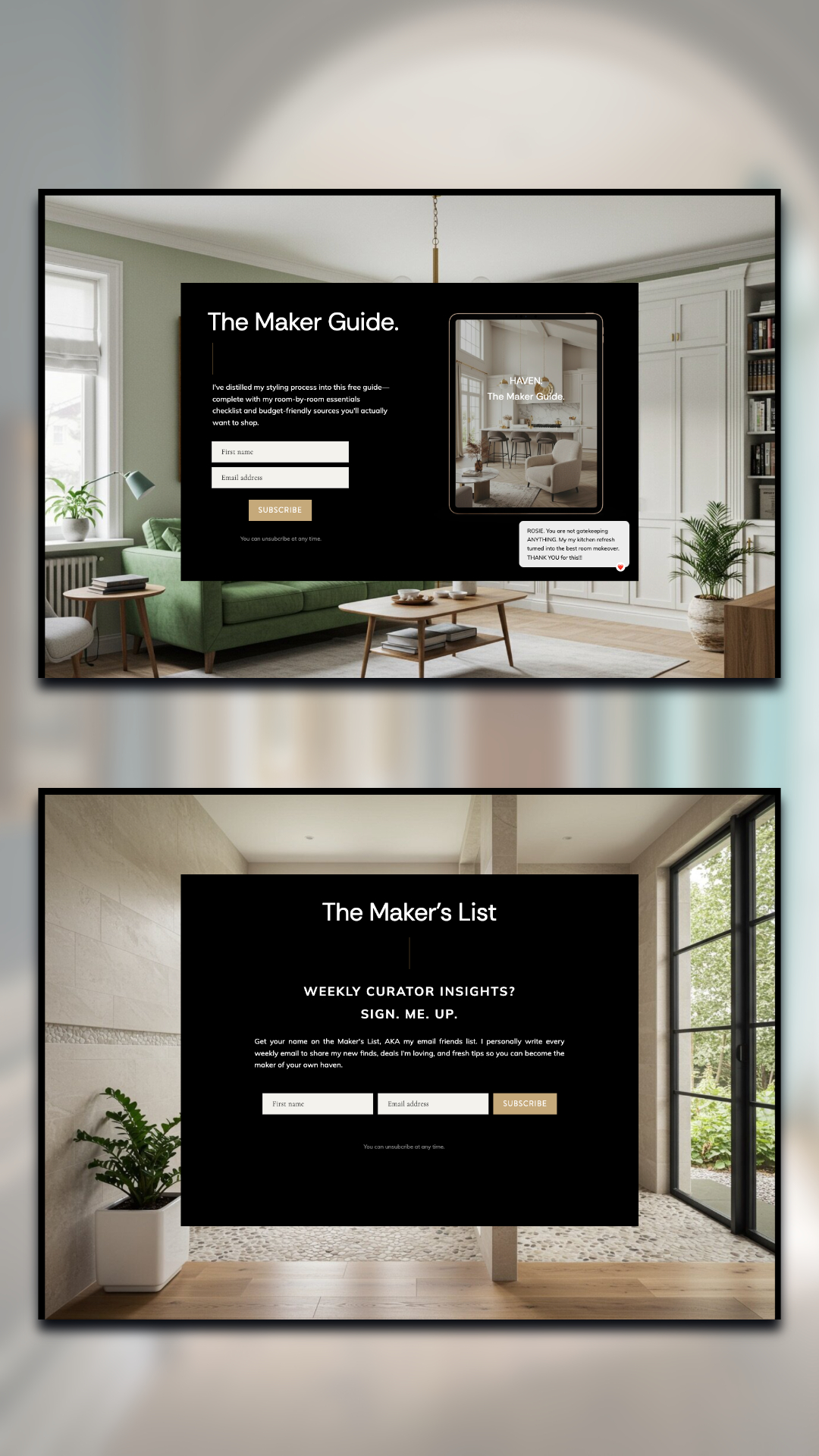 Two website sign-up forms, "The Maker Guide" and "The Maker's List," are shown over living room images—both with text fields and submit buttons—ideal for the Haven Showit Website Template for Interior Designers & Stylists.