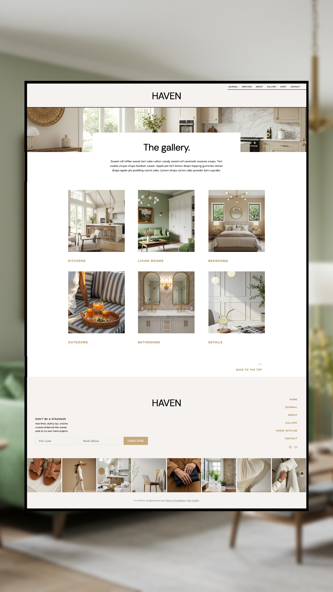 Haven - a Showit website template for interior designers & stylists—features a gallery page with six categories (kitchens, living rooms, bedrooms, outdoors, bathrooms, details), each shown with a photo in an elegant grid layout.