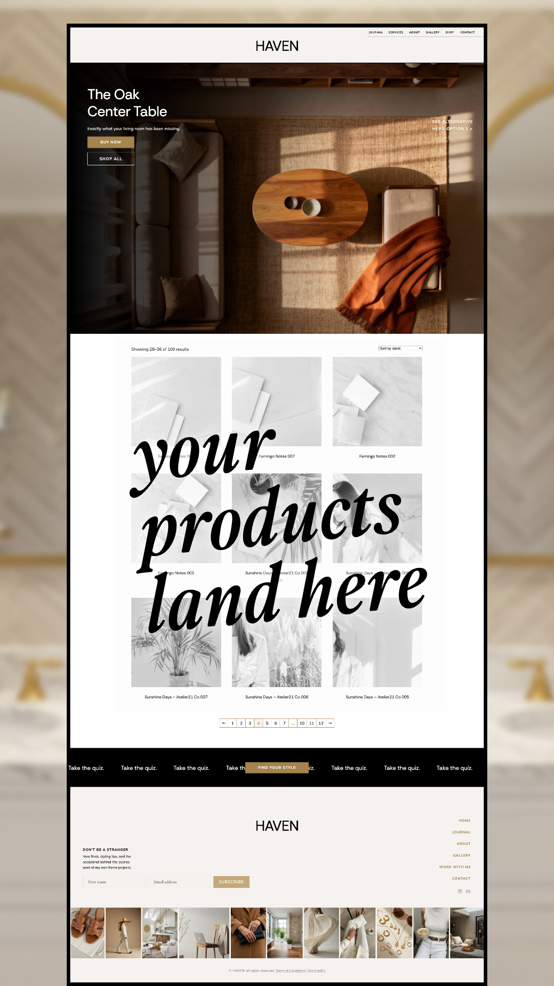 A Haven - Showit Website Template mockup features a modern living room with a wooden coffee table, designated product placeholders, and navigation bars positioned at the top and bottom. Prominently displayed is large text reading, “your products land here.”.