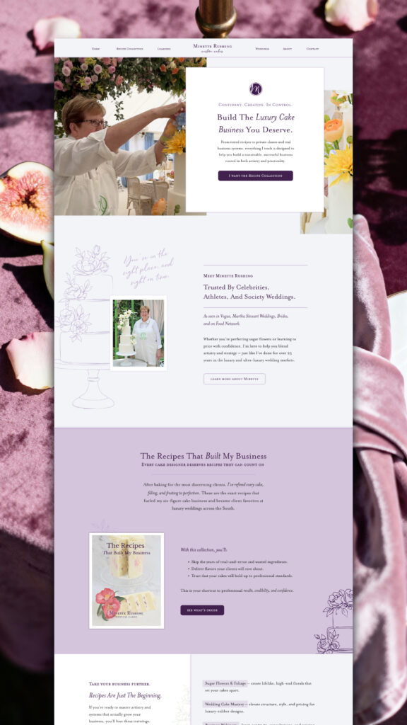 Screenshot of a bakery website featuring Luxury Cake Designer Minette Rushing, with images of a cake decorator, floral designs, business info, testimonials, and recipe collections—all showcased on a refreshed floral-themed background.
