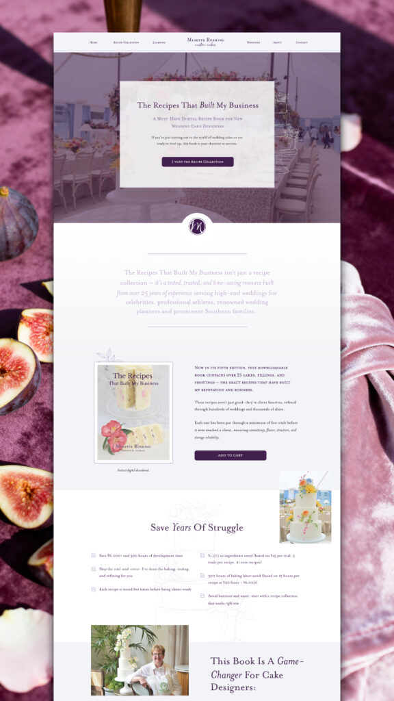 A website page displaying Minette Rushing’s cookbook for cake designers, featuring a cover image, descriptive text, testimonials, navigation menu, and call-to-action buttons on a floral and cake-themed background.