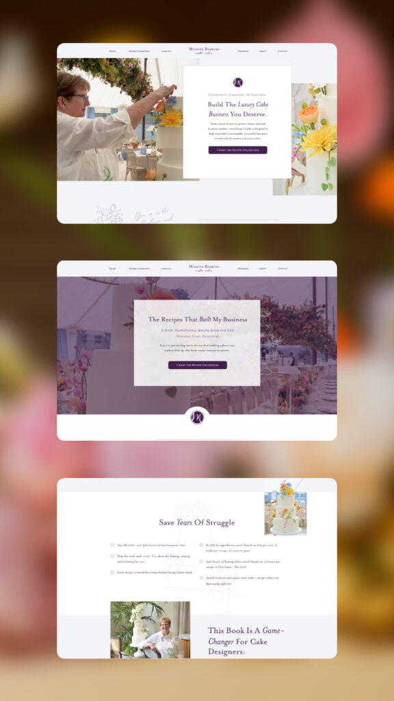 Screenshot of a website refresh for Luxury Cake Designer Minette Rushing, featuring a woman decorating cakes, floral arrangements, and promotional text about building a successful cake business.