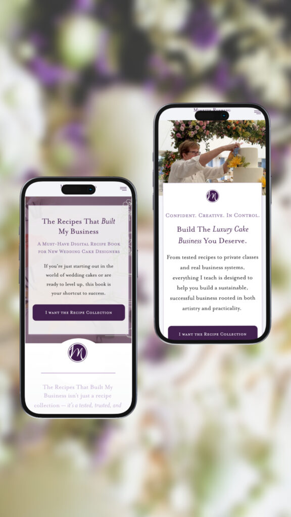Two smartphones display Minette Rushing's website: one promotes her recipe book for luxury cake designers, the other offers classes and business guidance—perfect for those seeking a website refresh or career growth in the luxury cake industry.