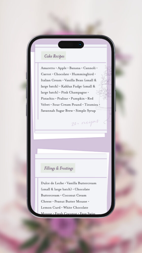 A smartphone displays a list of cake recipes and fillings & frostings on a purple background from Minette Rushing, Luxury Cake Designer, including options like apple, cannoli, and vanilla buttercream as part of her Website Refresh.