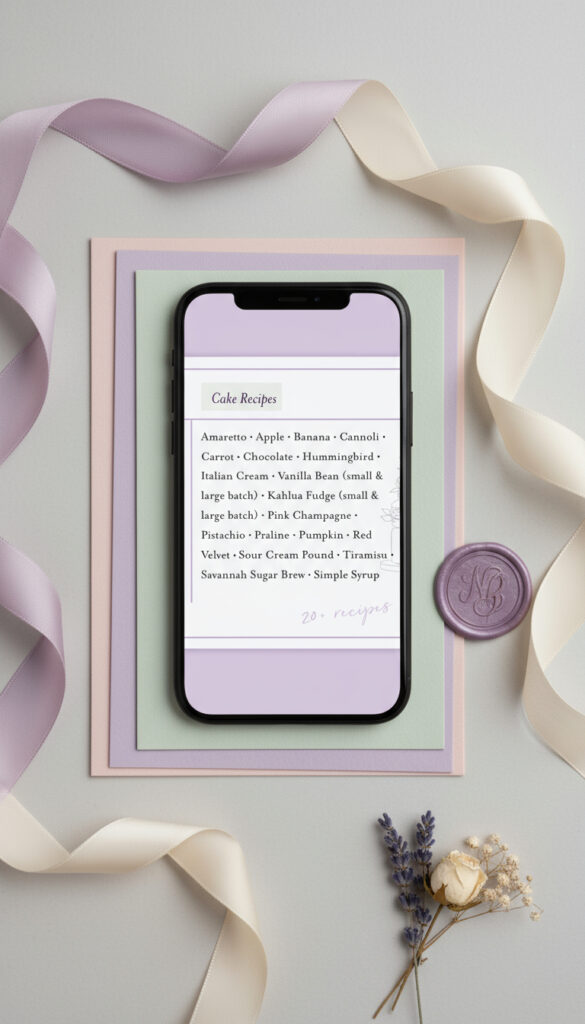 A smartphone displays a cake recipe list on a pastel-colored paper background, surrounded by ribbons, a wax seal, and small dried flowers—a scene inspired by Luxury Cake Designer Minette Rushing.
