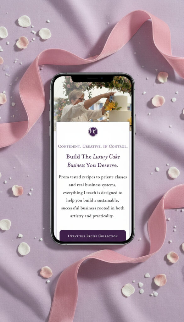 A smartphone displaying Minette Rushing’s Website Refresh for a Luxury Cake Designer lies on lavender fabric with pink ribbon, white flower petals, and small candy pieces scattered around.