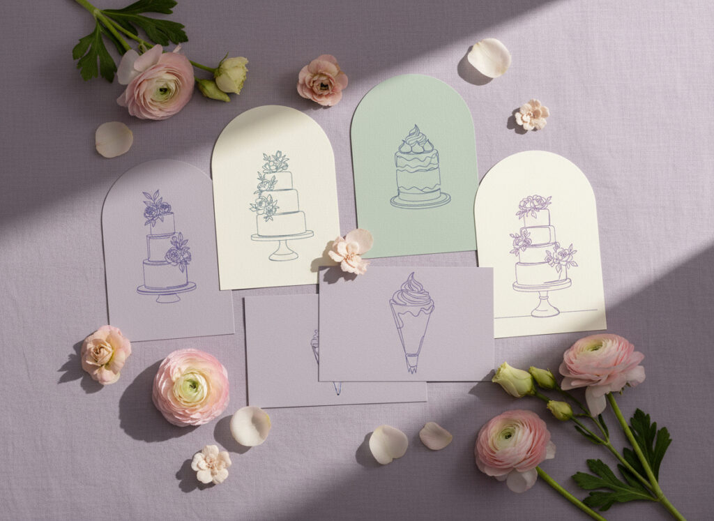 Several illustrated cards featuring cakes by luxury cake designer Minette Rushing and an ice cream cone are arranged on a lilac surface, surrounded by scattered flower stems, petals, and natural light—perfect for a website refresh.