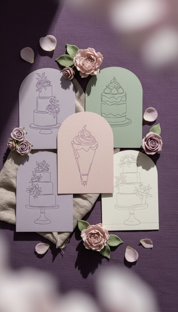 Five pastel-colored cards with simple cake and ice cream cone line drawings, surrounded by artificial pink roses and scattered rose petals on a purple surface, evoke the elegant style of a Luxury Cake Designer like Minette Rushing.