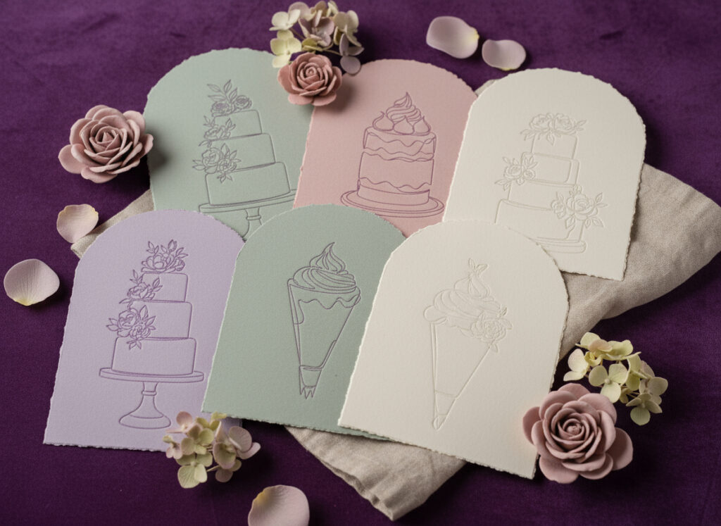 Six pastel-colored cards with embossed dessert designs, inspired by luxury cake designer Minette Rushing, are arranged on a purple cloth and surrounded by artificial flowers and petals.