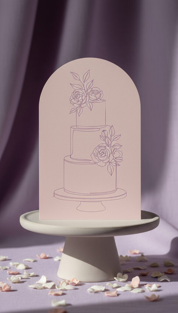 A pink card featuring a line drawing of a three-tier cake by luxury cake designer Minette Rushing stands on a round white display with scattered flower petals on a lavender surface.