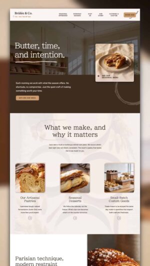 The Brûlée & Co. – Showit Website Template homepage showcases artisanal pastries, a seasonal menu, and featured handcrafted goods with images and descriptive text for an inviting online bakery presence.