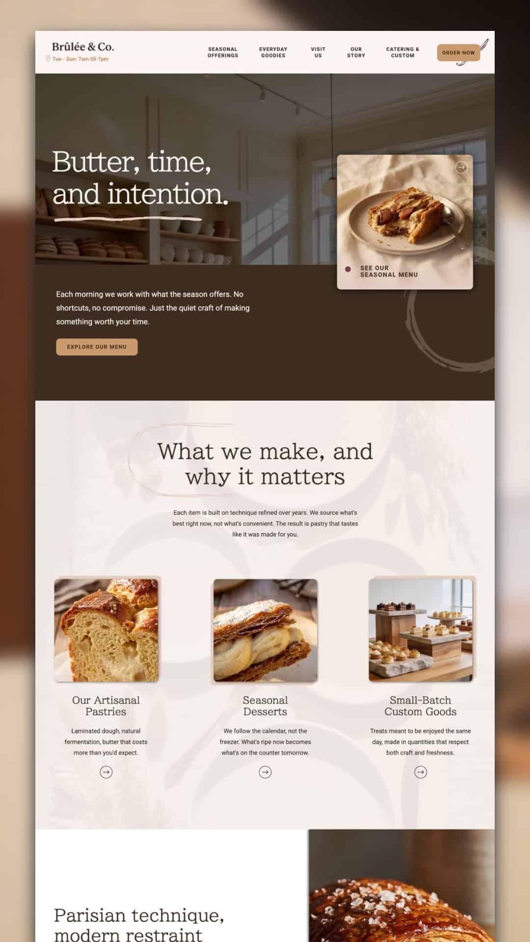 The Brûlée & Co. – Showit Website Template homepage showcases artisanal pastries, a seasonal menu, and featured handcrafted goods with images and descriptive text for an inviting online bakery presence.