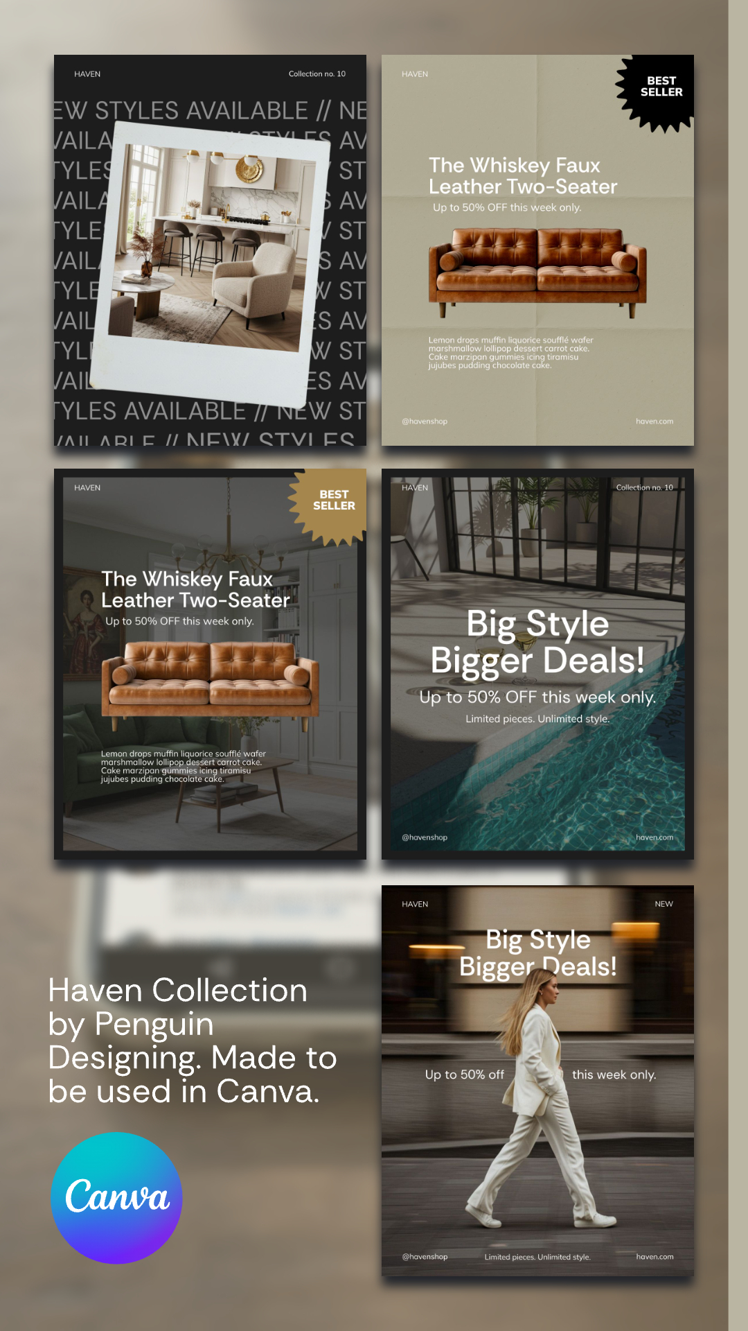 Five promotional ads for Haven Canva Social Templates by Penguin Designing, featuring faux leather 2-seater sofas and sale offers, displayed on wood with a Canva logo—ideal for showcasing the Haven Collection on social media.