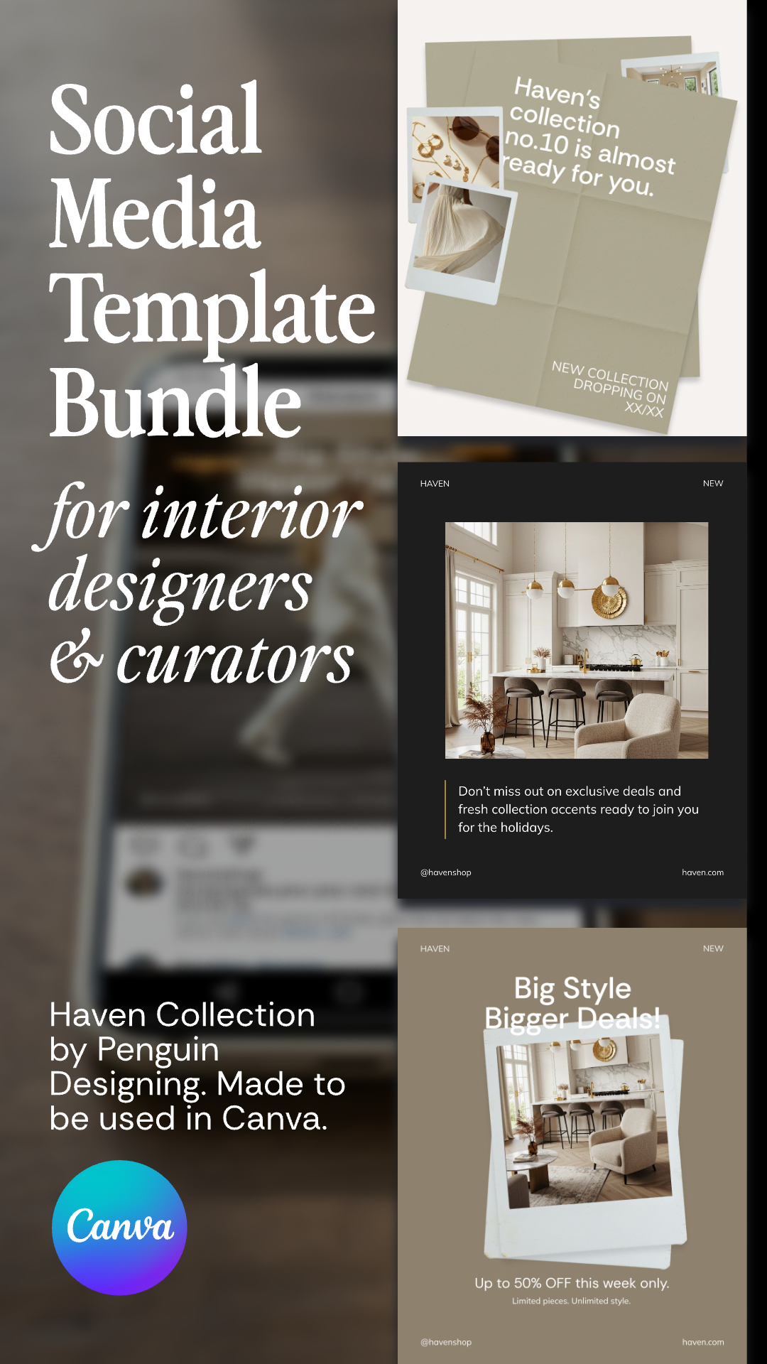 A promotional graphic for Haven Canva Social Templates, designed for interior designers and curators, featuring sample post designs and Canva branding.