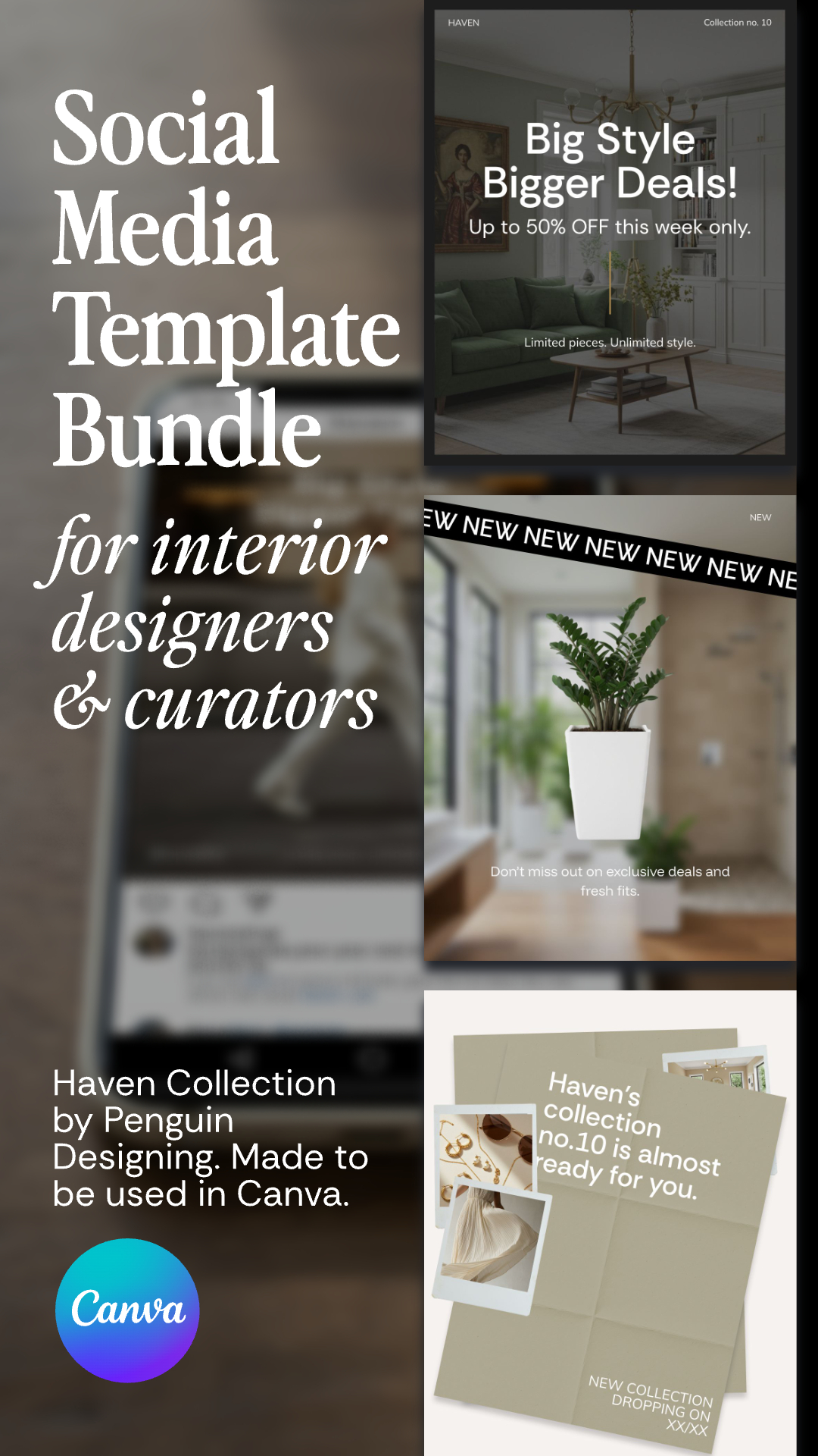 Haven Canva Social Templates: a ready-to-use bundle for interior designers and curators, featuring sample posts about the Haven Collection by Penguin Designing for effortless, professional social media content in Canva.