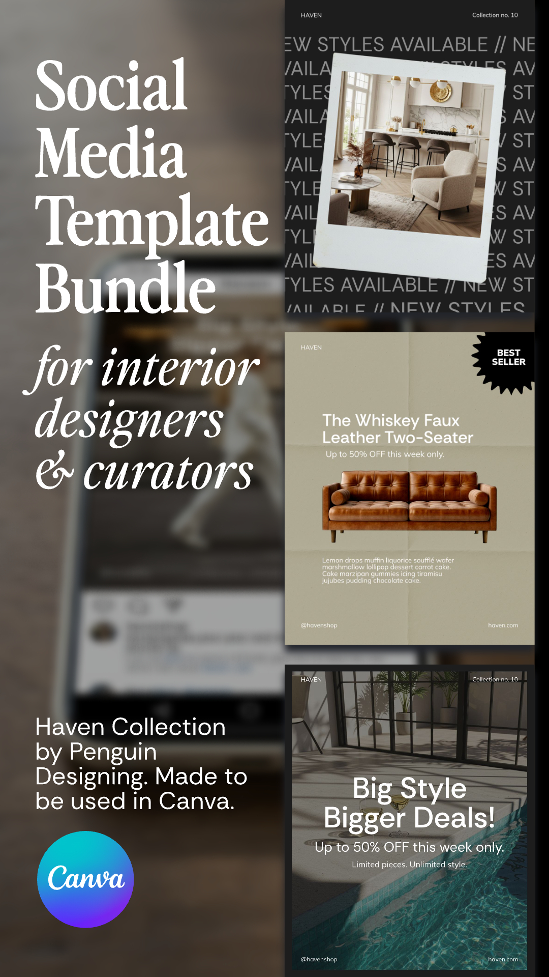 The Haven Canva Social Templates by Penguin Designing offer interior designers eye-catching furniture ads and promotions—ideal for creating standout content in Canva.