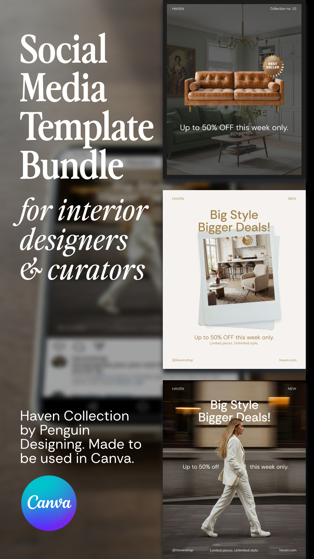 Haven Canva Social Templates for interior designers feature stylish sofa images and exclusive discounts, expertly crafted by Haven Collection.