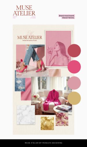 The Muse Atelier Semi-Custom Brand Kit mood board showcases pink, gold, and beige tones with visuals of a woman, pink heels, a pink blazer, and fabric swatches.