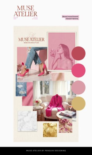 The Muse Atelier Semi-Custom Brand Kit mood board showcases pink, gold, and beige tones with visuals of a woman, pink heels, a pink blazer, and fabric swatches.