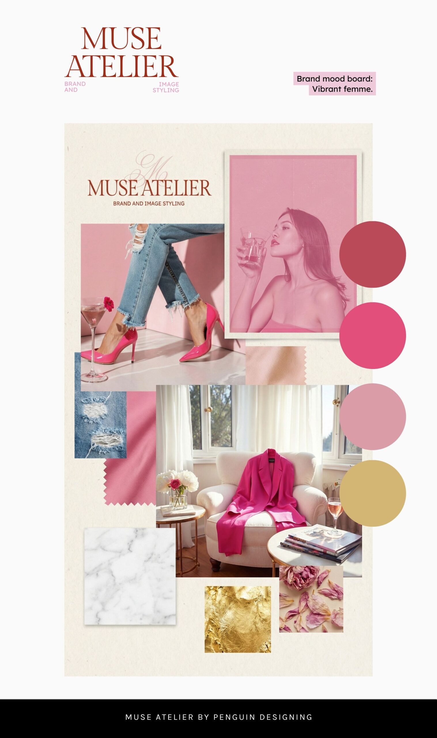The Muse Atelier Semi-Custom Brand Kit mood board showcases pink, gold, and beige tones with visuals of a woman, pink heels, a pink blazer, and fabric swatches.