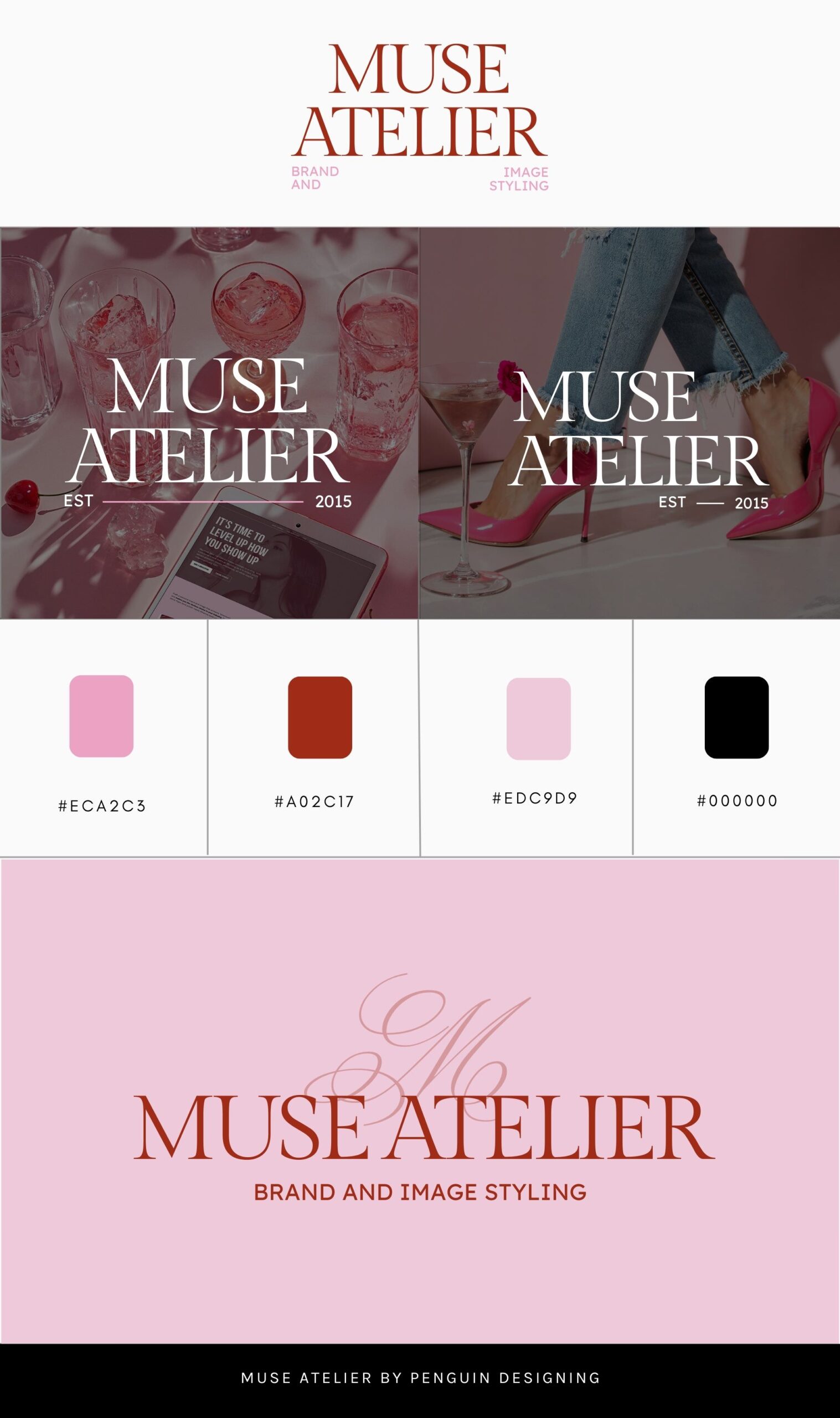 The Muse Atelier Semi-Custom Brand Kit includes logo variations, five color swatches, and a footer credit to Penguin Designing, all set on a pink and burgundy background.