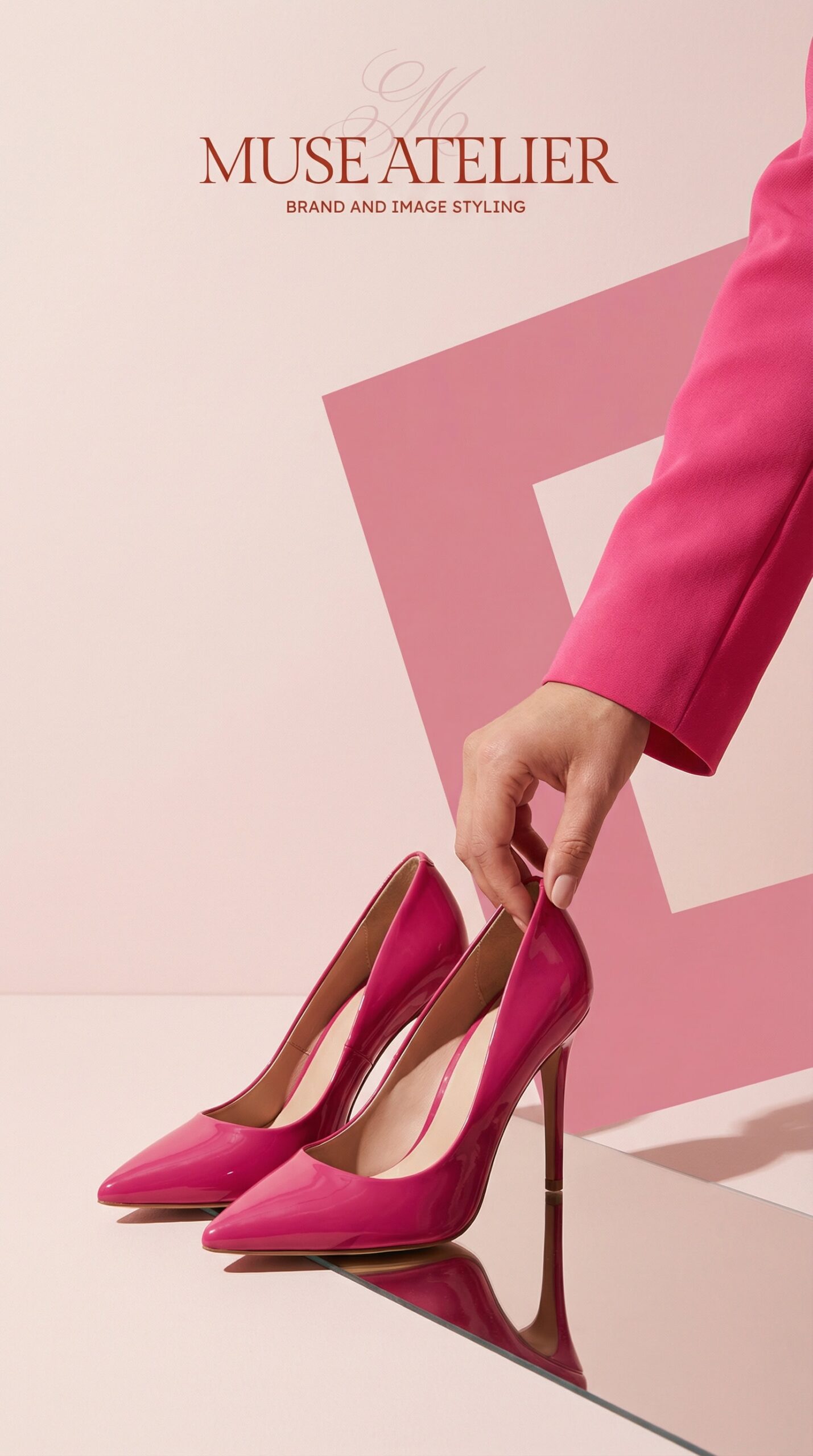 A person in a pink blazer picks up pink heels against a pink geometric background, highlighting the Muse Atelier Semi-Custom Brand Kit and expert image styling.