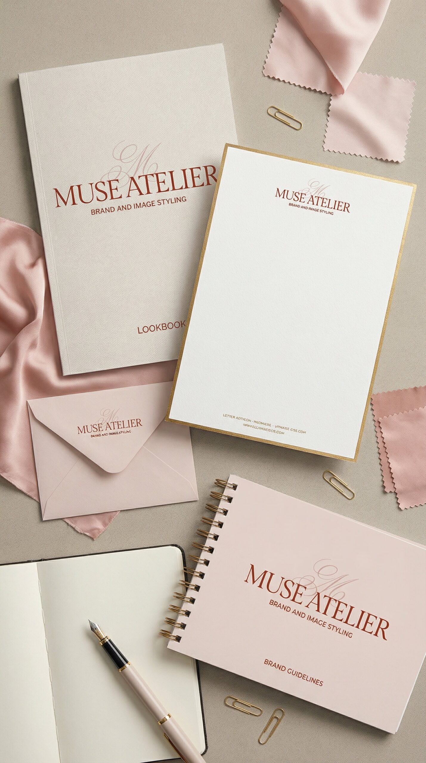 A flat lay of Muse Atelier Semi-Custom Brand Kit stationery, including a lookbook, brand guidelines, letterhead, envelope, notepad, gold paperclips, pink fabric swatches, and a pen.