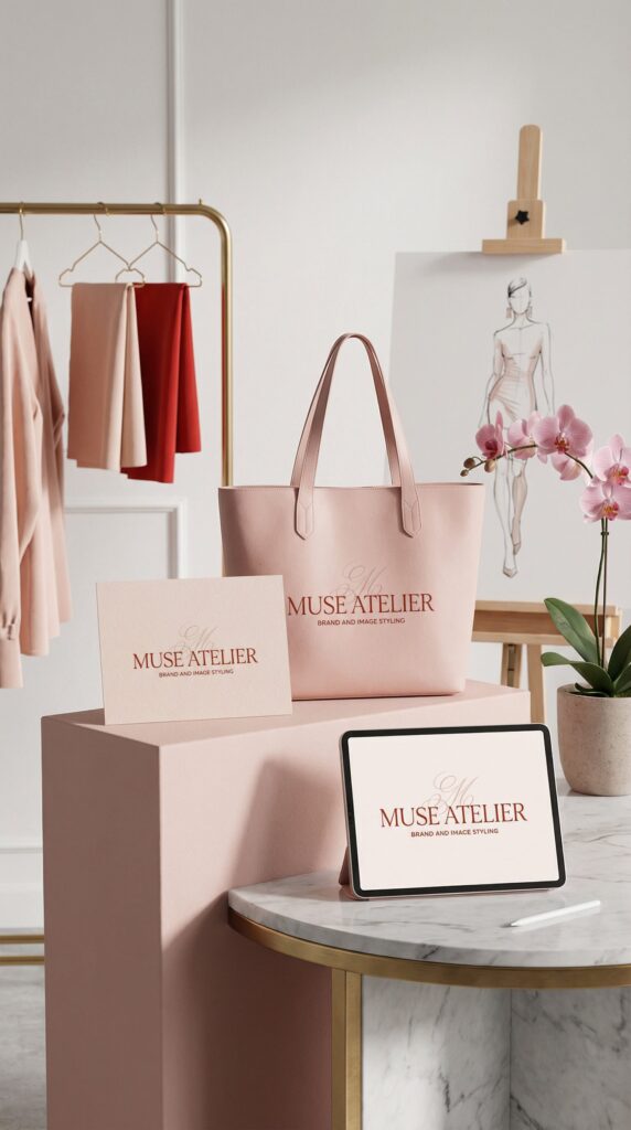 The Muse Atelier Semi-Custom Brand Kit is displayed on a marble table, featuring a pink tote bag, tablet, and card. Fashion sketches, fabric swatches, and clothing are visible in the background.