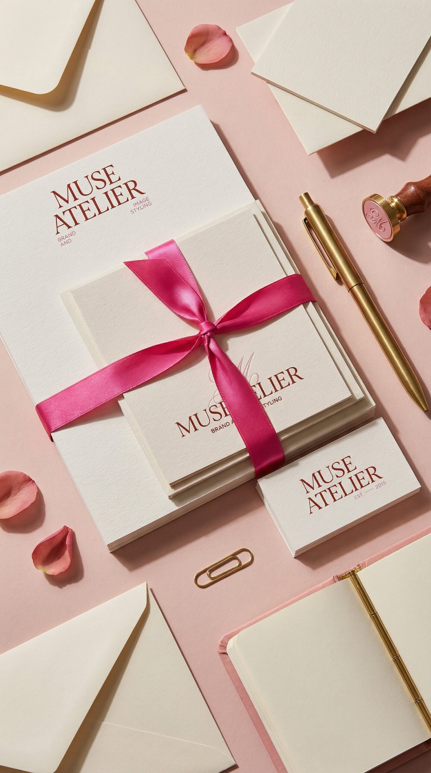Flat lay of the Muse Atelier Semi-Custom Brand Kit, showcasing branded stationery, envelopes, notecards tied with a pink ribbon, a gold pen, wax seal stamp, paperclip, and scattered pink rose petals.